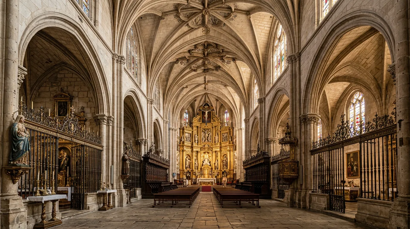 Interior of a historic Spanish cathedral with stone vaults and ornate religious decorative elements, natural lighting