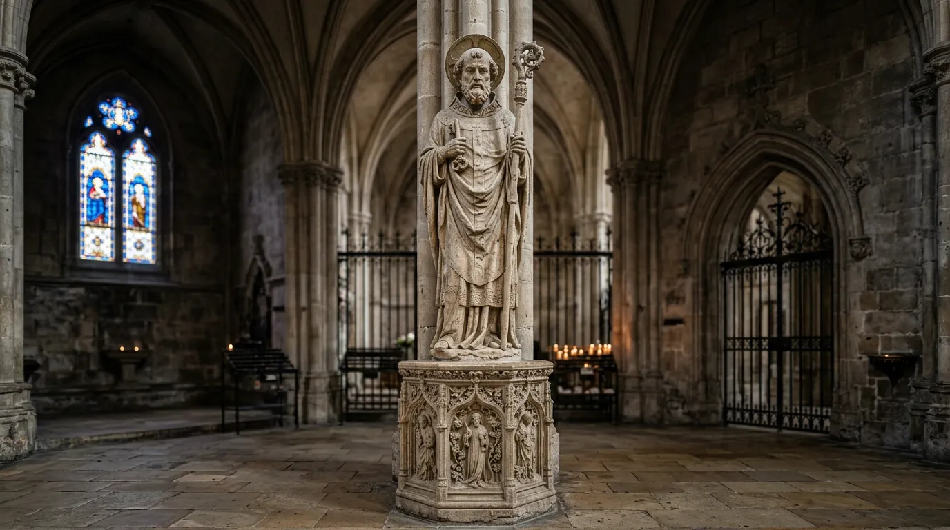 Stone religious sculpture of a saint figure on a pedestal in a cathedral setting, carved details and devotional iconography