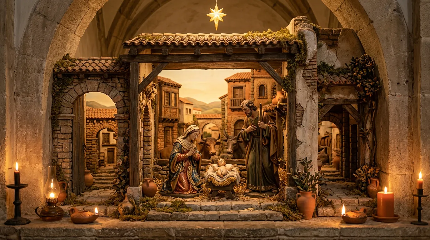 Religious nativity scene sculpted figures in classical Spanish style, holy family arranged with architectural elements, soft golden illumination