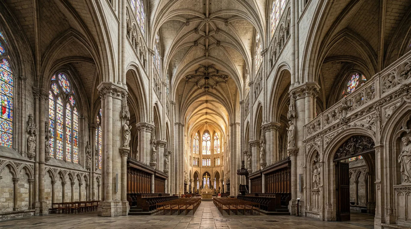 Gothic cathedral architectural interior with ribbed vaults and religious stonework, afternoon natural light
