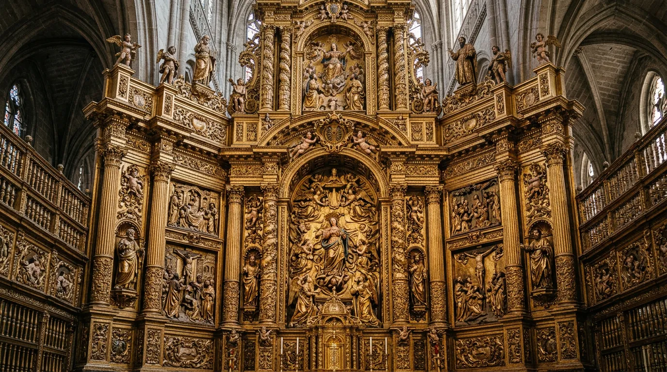 Detail of an ornate golden retablo in a cathedral, intricate religious carvings and decorative panels