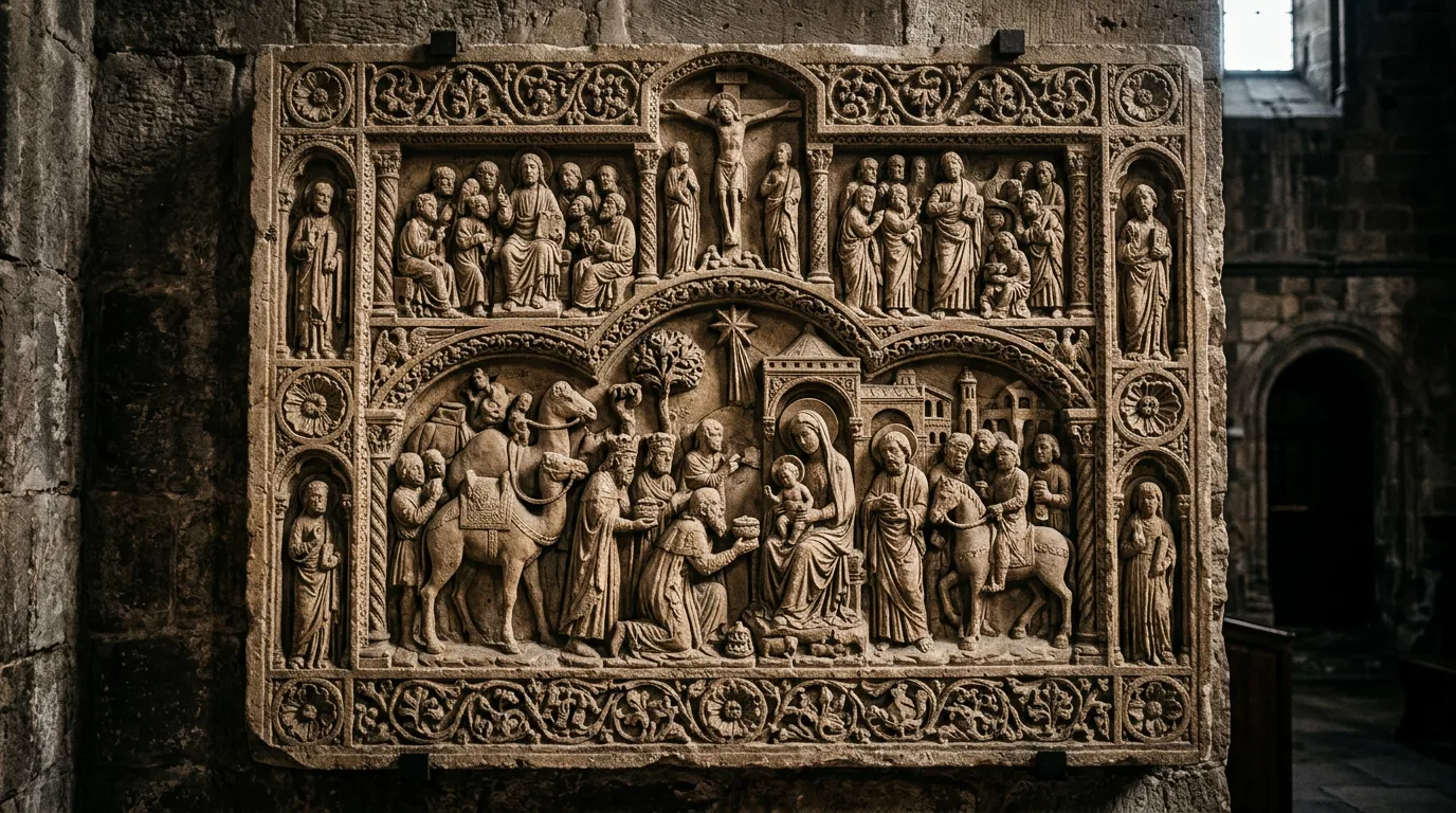Decorative stone relief panel with religious scenes and ornamental carved details, dramatic lighting showing texture