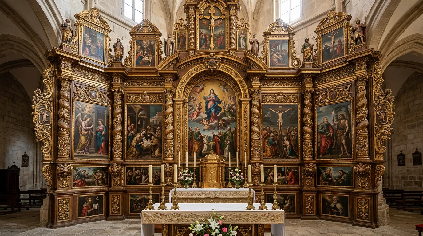 Ornate wooden retablo altar with gilded decorative elements, multiple painted religious panels and carved ornaments